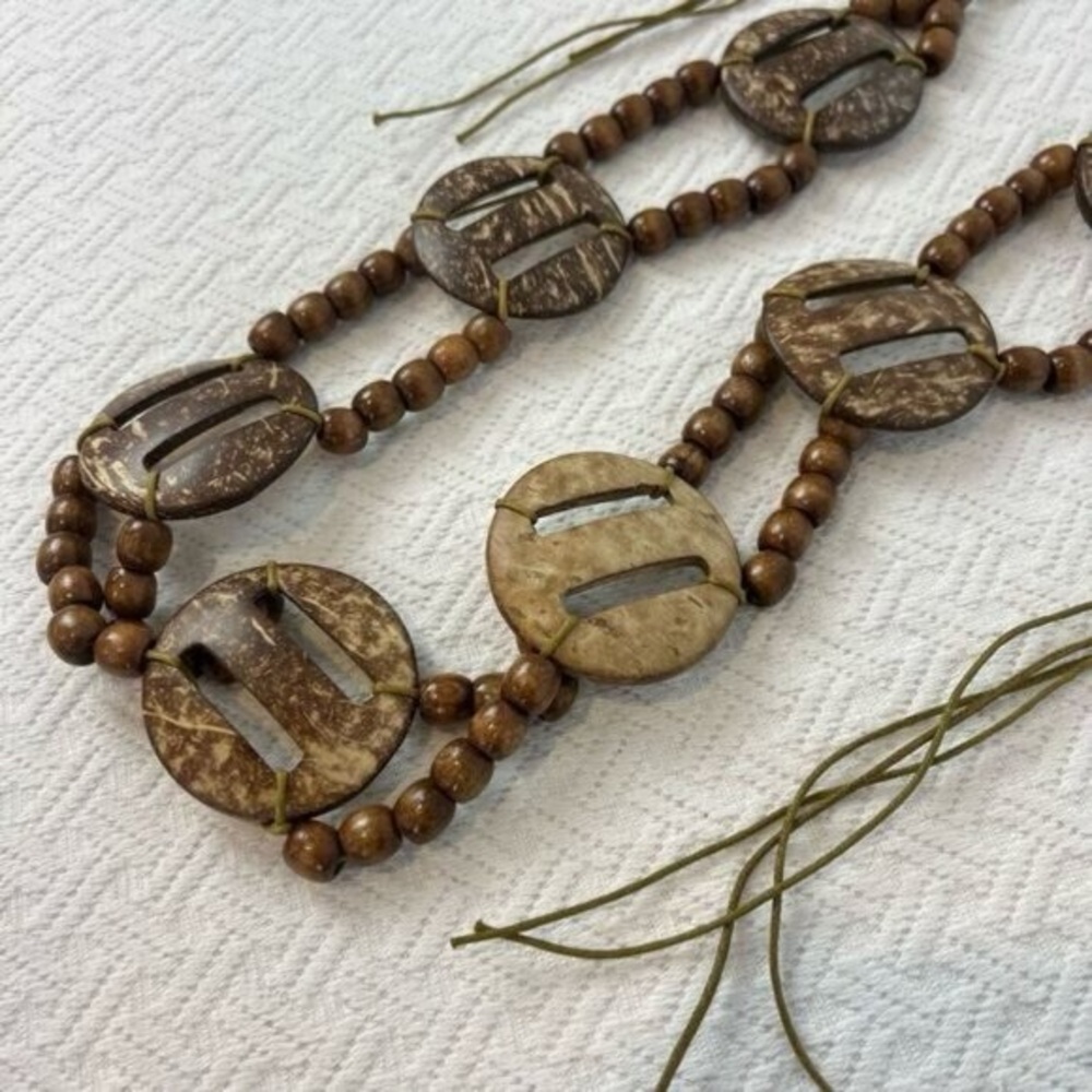 Vintage Coconut Wood Boho Beaded Belt Waist Belt Tie Knot Macrame Black Brown